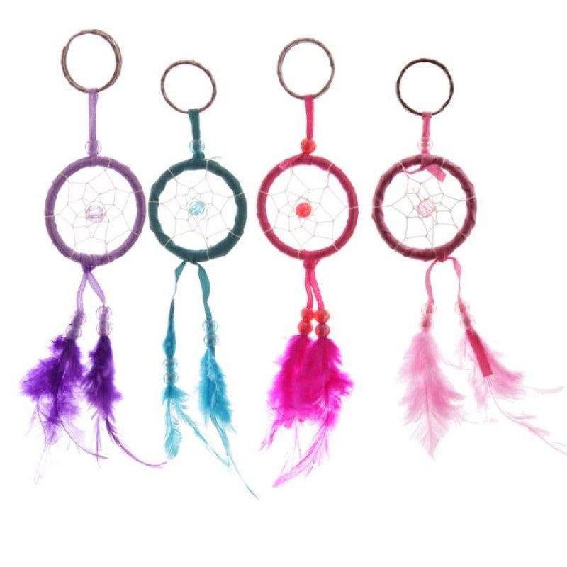 Vibrant set of 12 mini feather dreamcatcher keyrings, perfect for adding bohemian charm and positivity to your keys.