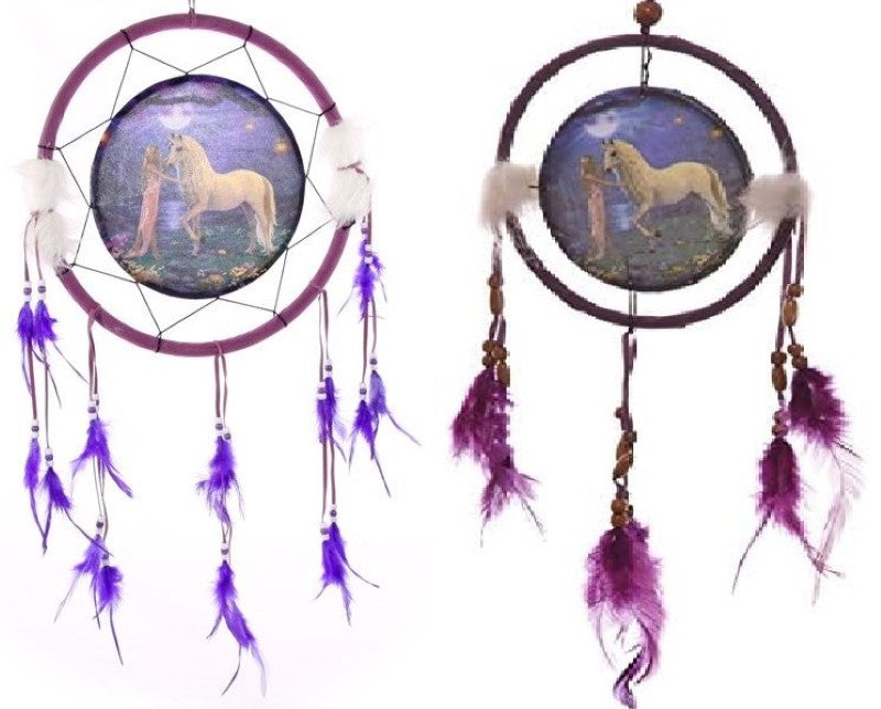 Set of 4 unicorn-themed dreamcatchers by Lisa Parker, featuring magical garden designs and vibrant colors, perfect for decor.