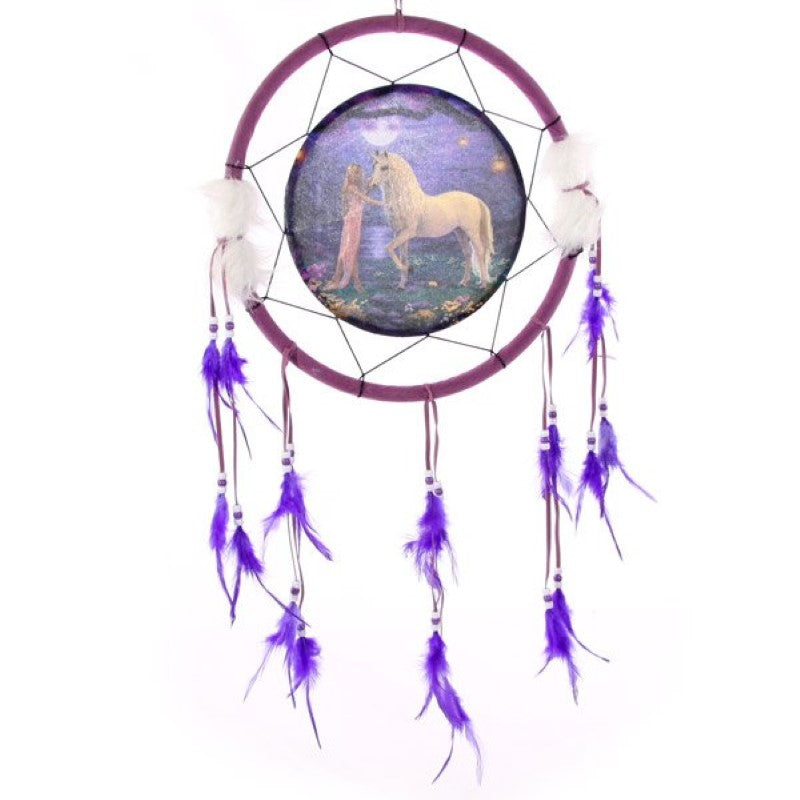 A set of 4 whimsical unicorn garden dreamcatchers by Lisa Parker, each 16cm, perfect for adding magic and serenity to your space.