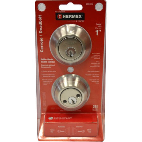 Satin chrome double cylinder deadbolt with stainless steel, 70mm backset, and two high-security dimple keys.