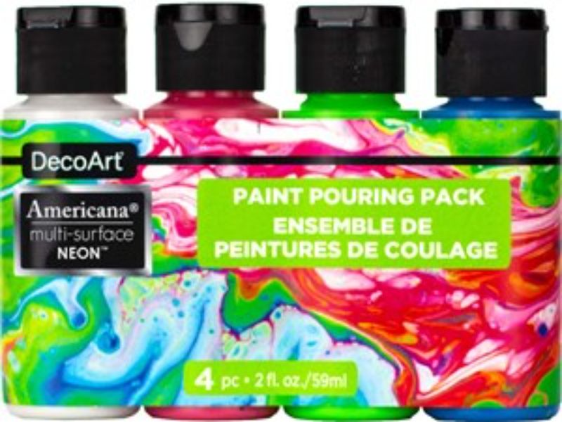 Vibrant DECOART NEON POURING PACK for fluid art, includes 8 oz neon paint for stunning canvas pours, ideal for all skill levels.