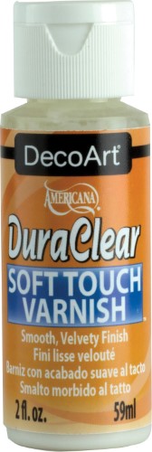 Decoart 2oz Duraclear Soft Touch Varnish bottle showcasing its clear, non-yellowing finish for versatile craft protection.