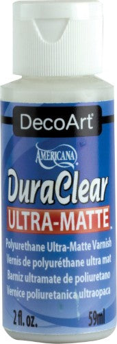 DecoArt 2oz Duraclear Varnish bottle, showcasing a flexible, quick-drying clear finish for waterproof art protection.