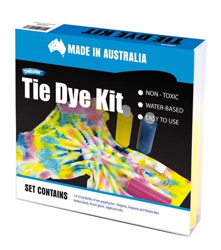 Derivan Tie Dye Kit with vibrant, high-quality dyes for creating custom patterns on various fabrics like t-shirts and bags.