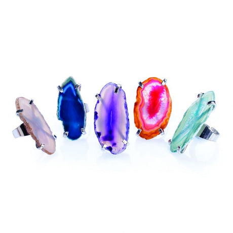 Colorful Gemstone Rainbow Agate Filigree Rings in a box of 48, featuring unique patterns and a durable silver band.