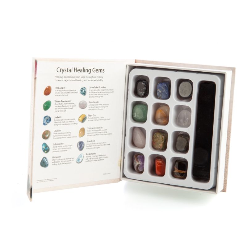 Crystal Healing Wellness Kit featuring 12 natural healing stones in a luxurious velvet pouch, packed in a magnetic gift box.