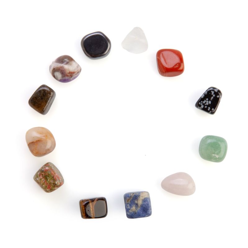 Crystal Healing Wellness Kit featuring 12 natural healing stones in a velvet pouch, ideal for relaxation and meditation.