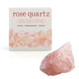 Raw rose quartz stone in a gift box, promotes love and calm, perfect for decor and meditation, measures 5 cm wide.