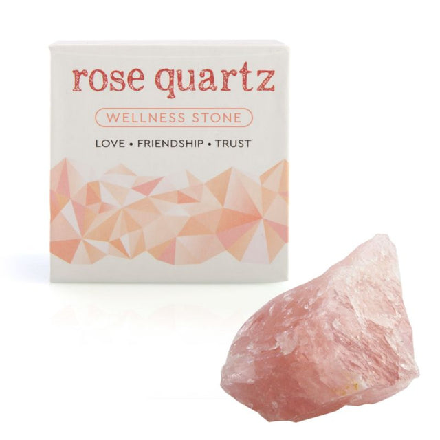 Raw rose quartz stone in a gift box, promotes love and calm, perfect for decor and meditation, measures 5 cm wide.