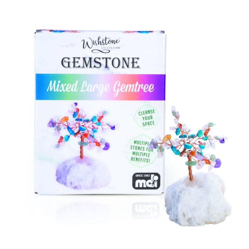 Large mixed gemstone tree crafted from genuine crystals on golden wire, featuring a geode base for elegance and stability.