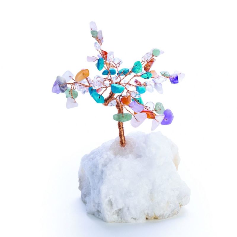 Large mixed gemstone tree with gold wire, featuring rose quartz and amethyst on a geode base, ideal for decor and crystal healing.