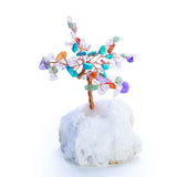 Large mixed gemstone tree with gold wire, featuring rose quartz and amethyst on a geode base, ideal for decor and crystal healing.