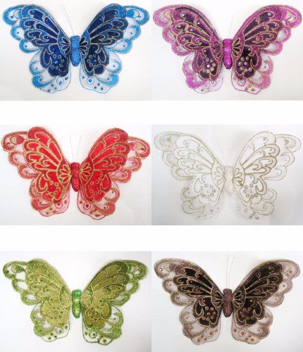 Large black gauze butterfly with glitter and feathers, measuring 38cm, perfect for elegant decor and easy attachment.