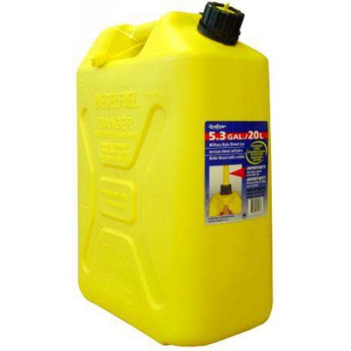 Tall 20L yellow diesel container made of durable, rustproof polyethylene; perfect for safe fuel storage and transport.