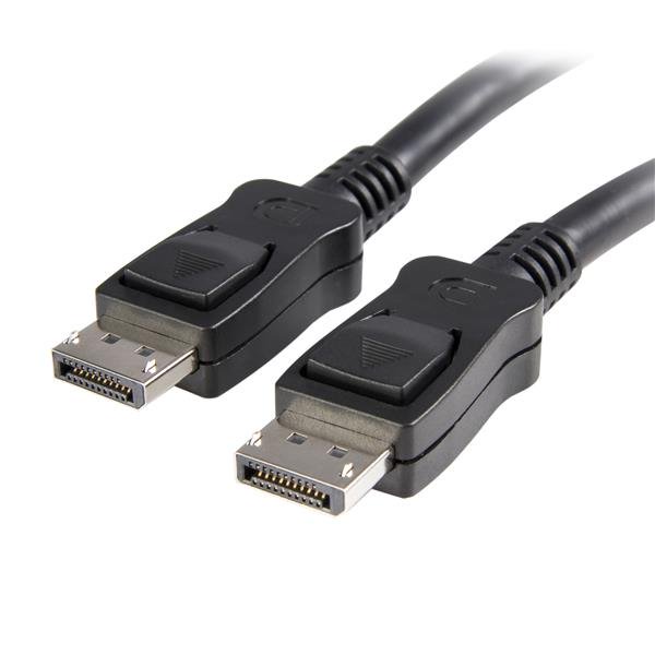 DisplayPort 1.2 cable, 2m length, with latches for secure connection, supports 4K at 60Hz and Multi-Stream Transport.