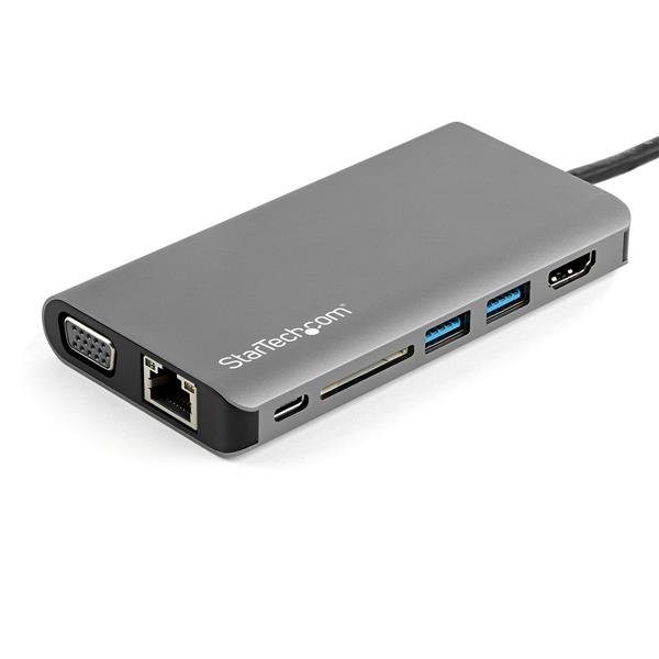 USB C multiport adapter with HDMI/VGA, 3 USB ports, SD card reader, and Gigabit Ethernet for versatile connectivity.