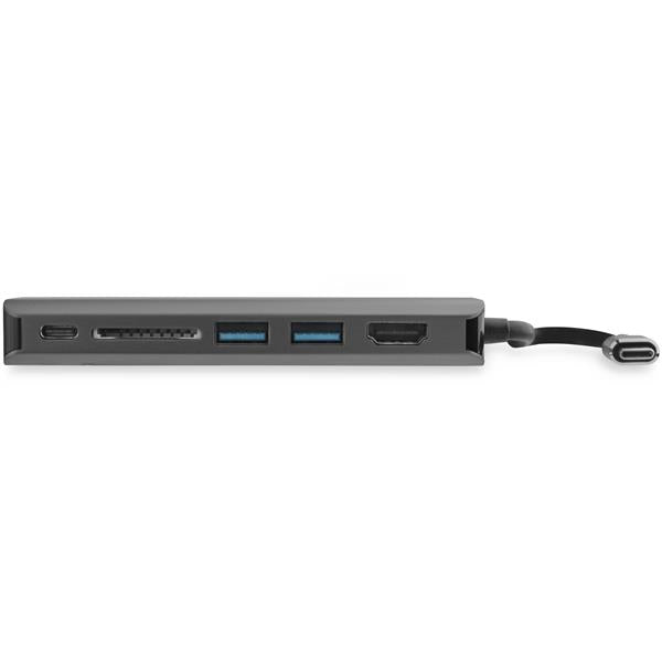 USB-C Multiport Adapter featuring 4K HDMI, Gigabit Ethernet, USB 3.0 ports, SD card reader, and PD 3.0 charging for enhanced productivity.