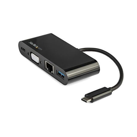 USB-C VGA Multiport Adapter with 60W Power Delivery, USB 3.0, and Gigabit Ethernet for seamless connectivity and presentations.