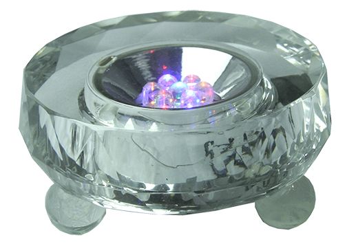 Crystal Display Light Round showcasing 3D collectibles with multicolored light; sleek, durable design with included DC adaptor.