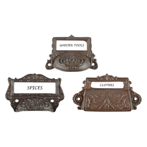 Vintage cast iron drawer pulls with label holders, set of 6, perfect for organizing and enhancing home decor.