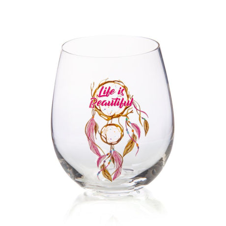 Hand-blown stemless wine glass with whimsical dreamcatcher design and angled rim for optimal aeration.