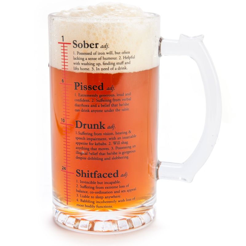 Ceramic Beer Stein featuring four amusing drunkenness definitions, perfect for fun gatherings and home bars, 14.8 cm tall.