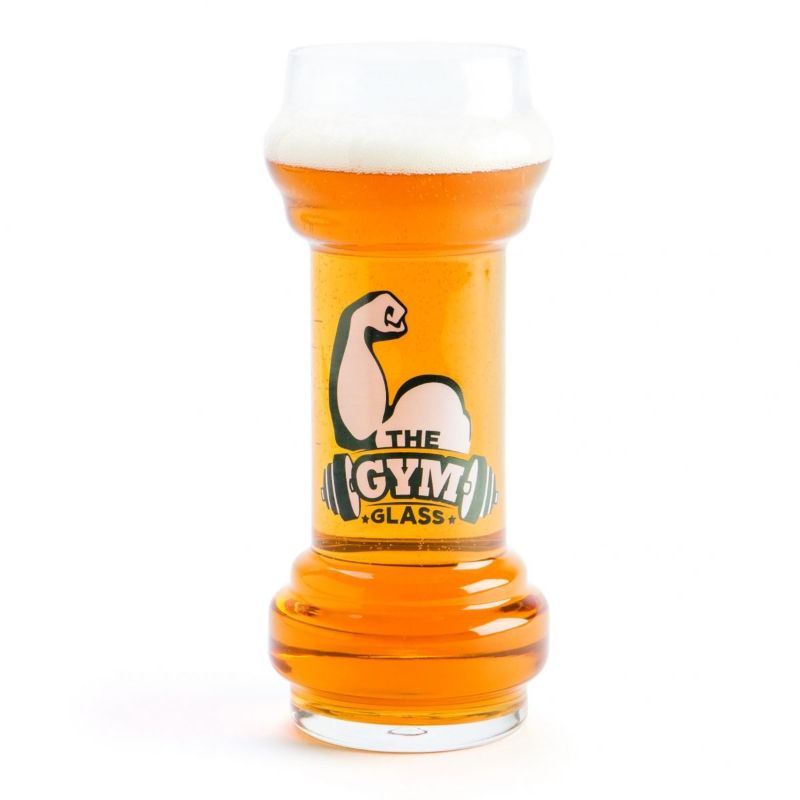 Alt text: A dumbbell-shaped beer glass, 830 ml capacity, blending fitness with fun for post-workout celebrations.