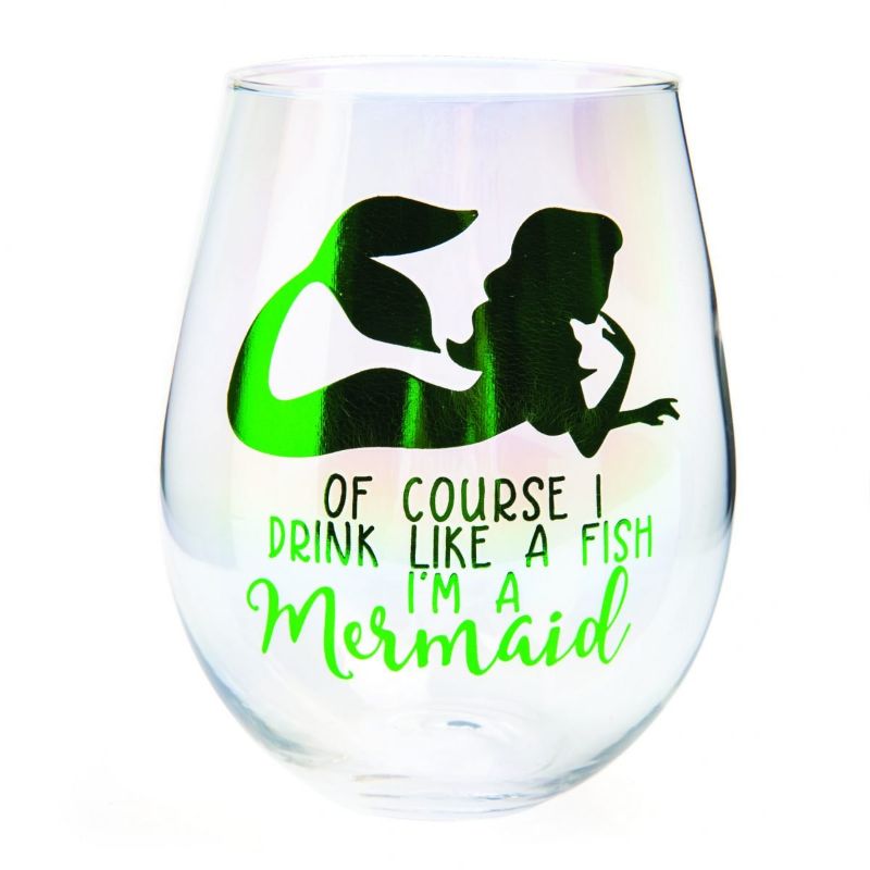 Hand-blown stemless wine glass with an iridescent sheen and mermaid design, perfect for whimsical sipping.