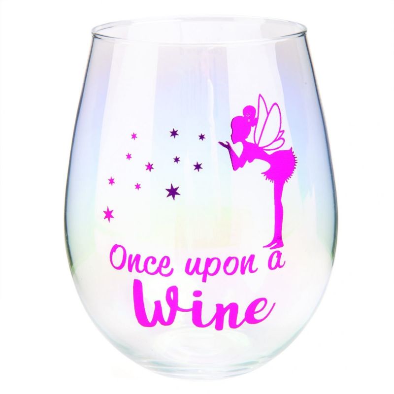 Iridescent hand-blown stemless wine glass with fairy design and "Once Upon a Wine" in metallic pink, perfect for wine lovers.