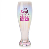 Hand-blown 22cm iridescent pilsner glass with a bold pink "Real Girls Drink Beer" decal, perfect for stylish sipping.