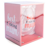 Hand-blown stemless wine glass with "Best F*cking Mum Ever" design, perfect for Mother's Day gifting and wine lovers.