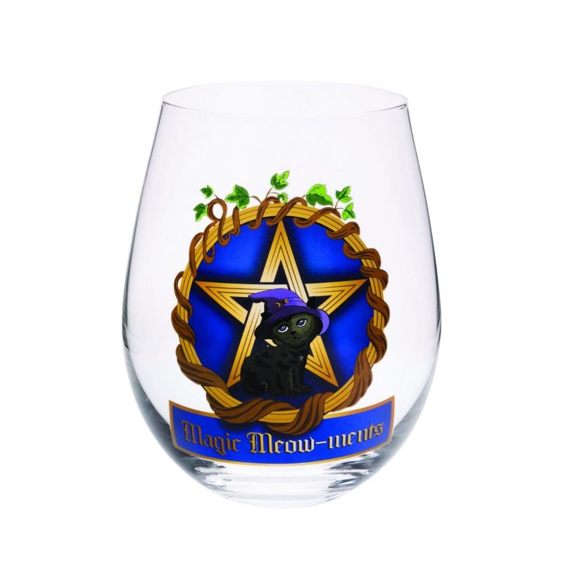 Whimsical stemless wine glass featuring a black cat in a witch's hat and a pentacle, capturing magical moments.