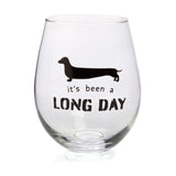 Hand-blown stemless wine glass featuring a dachshund silhouette and pun, perfect for dog lovers and wine enthusiasts.