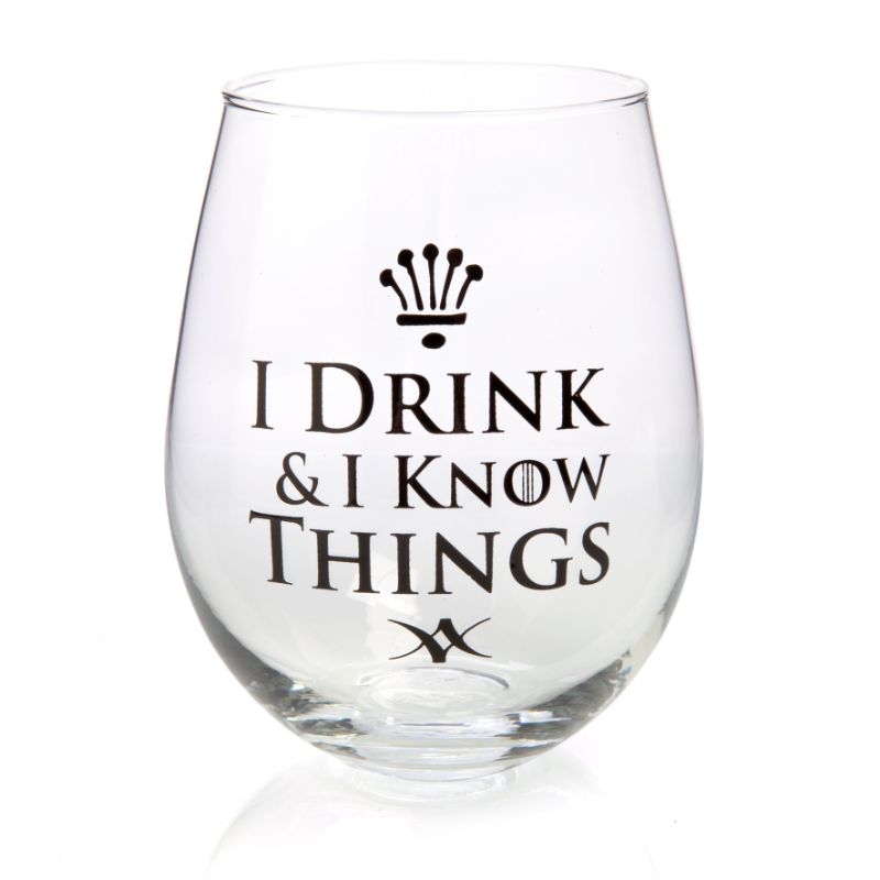 Stemless wine glass with "I Drink & I Know Things" decal, ideal for casual or formal occasions, showcasing wine elegantly.