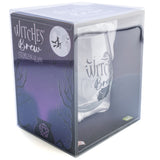 Hand-blown Witches’ Brew Stemless Glass with pentacle cauldron and stars, perfect for mystical drinks and decor.