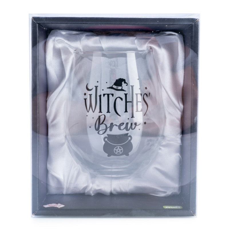 Hand-blown stemless glass with a pentacle cauldron decal, perfect for magical beverages or enchanting decor.