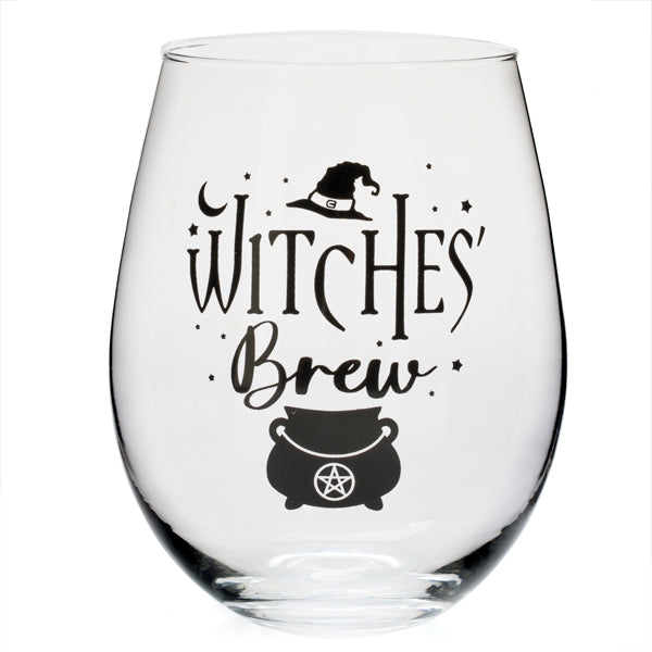 Hand-blown stemless glass with pentacle cauldron and star motifs, perfect for sipping magical beverages.