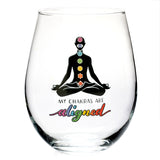 Chakra Tallulah Wellness Stemless Glass with 7 chakra symbols and uplifting phrase, perfect for mindful sipping and spiritual balance.