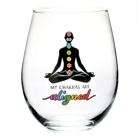 Chakra Tallulah Wellness Stemless Glass with 7 chakra symbols and uplifting phrase, perfect for mindful sipping and spiritual balance.