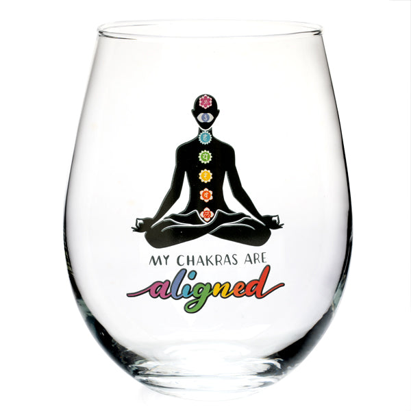 Chakra Tallulah Wellness Stemless Glass with 7 chakra symbols and uplifting phrase, perfect for mindful sipping and spiritual balance.