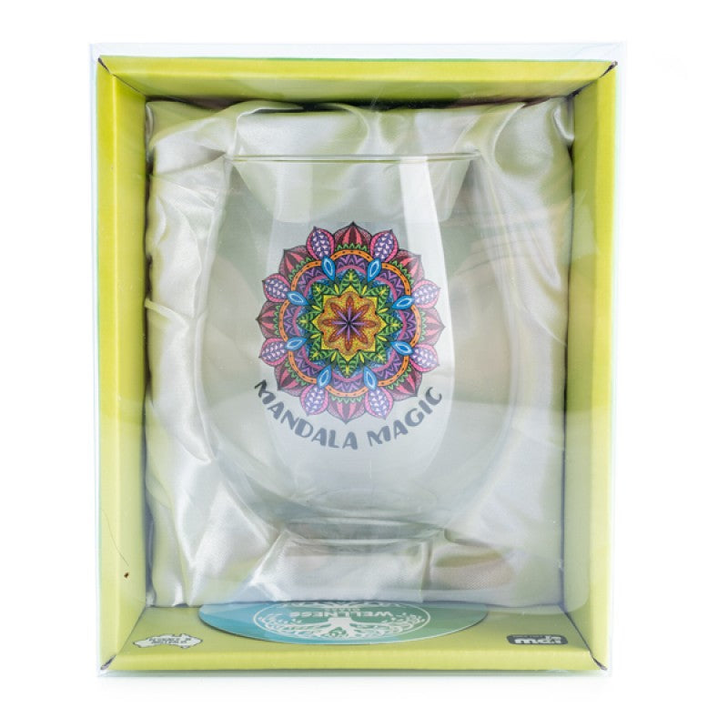 Hand-blown stemless glass with colorful mandala design, perfect for wellness rituals and mindful sipping.