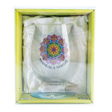 Hand-blown stemless glass with colorful mandala design, perfect for wellness rituals and mindful sipping.