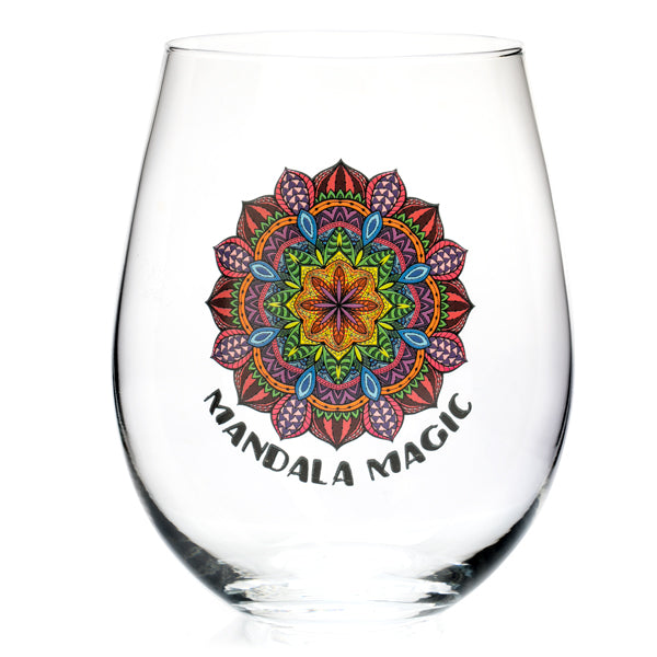 Hand-blown stemless glass with colorful mandala design and 'mandala magic' phrase, ideal for wellness rituals.