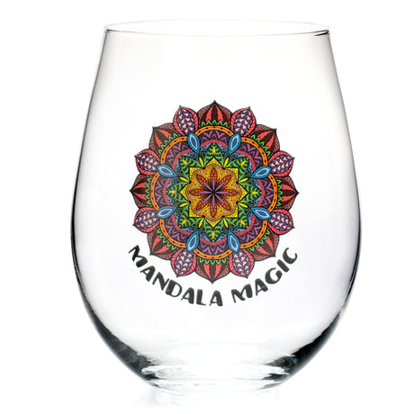 Hand-blown stemless glass with colorful mandala design and 'mandala magic' phrase, ideal for wellness rituals.