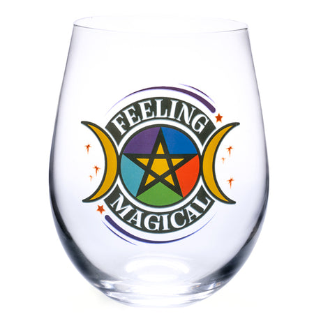 Hand-blown stemless glass with a colorful pentacle design and "feeling magical" for an enchanting self-care experience.