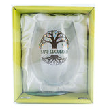 Hand-blown stemless glass with a Celtic tree design and rainbow leaves, featuring 'stay grounded' phrase for mindful living.