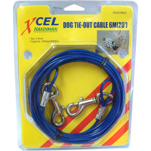 "Heavy-duty 6m dog tie-out cable with snaphooks, supports up to 360kg, weather-resistant and easy to clean."