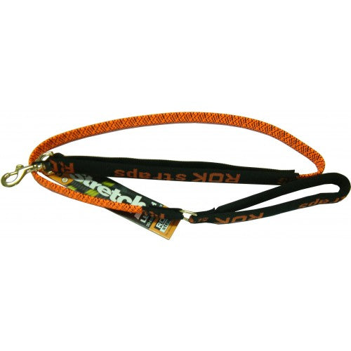 Vibrant orange and black dog lead with shock-absorbing core, ideal for medium dogs 18-36kg, featuring a brass snap hook.