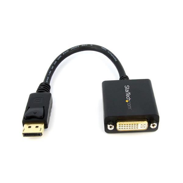 DisplayPort to DVI adapter for connecting DVI monitors to DisplayPort devices; compact, portable, and supports 1080p resolution.