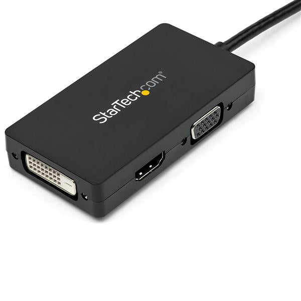 3-in-1 DisplayPort adapter converts to VGA, DVI, or HDMI for seamless high-definition connections, ideal for travel and presentations.